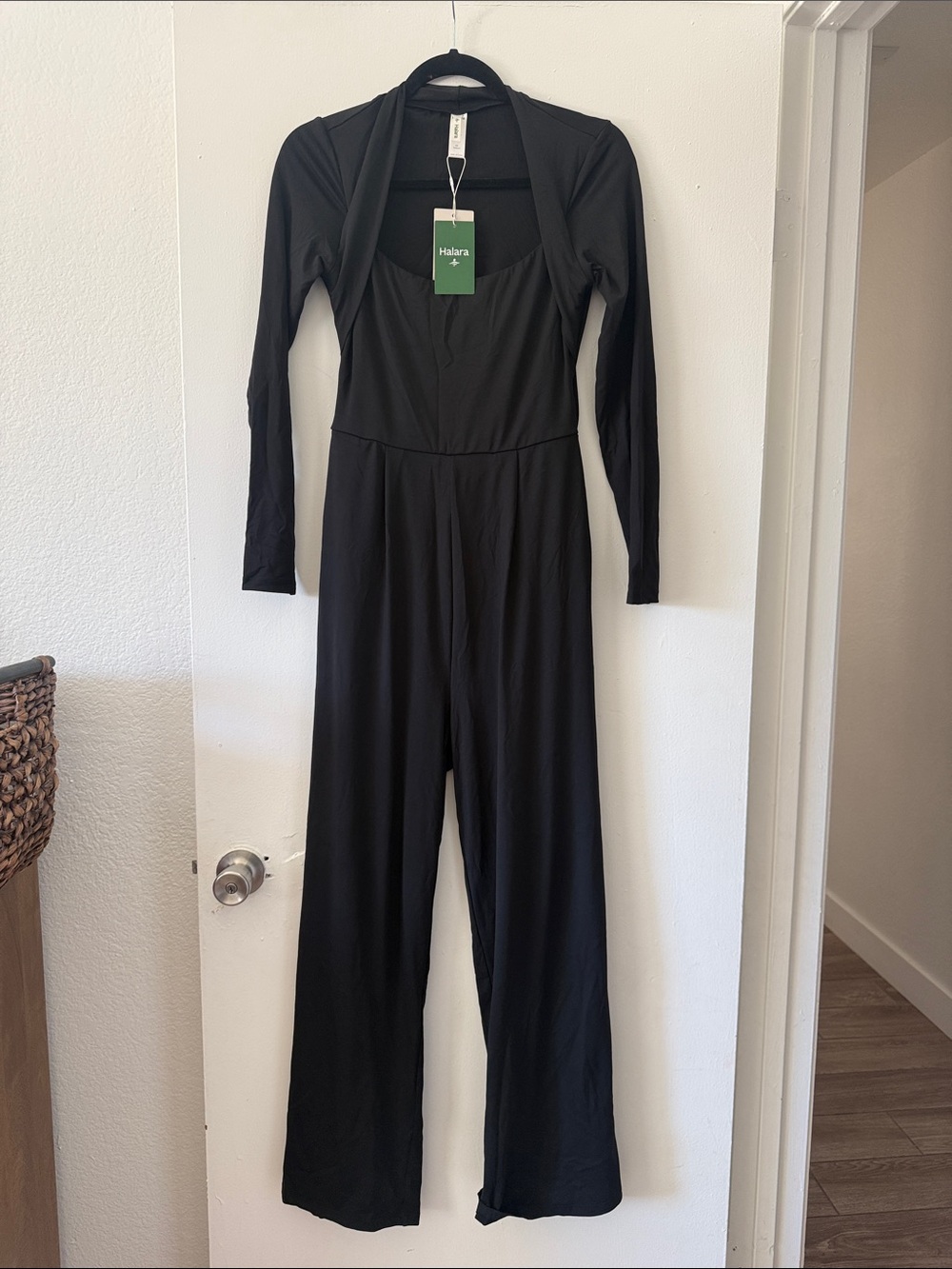 HALARA Black Long-Sleeve Wide-Leg Jumpsuit with Square Neck